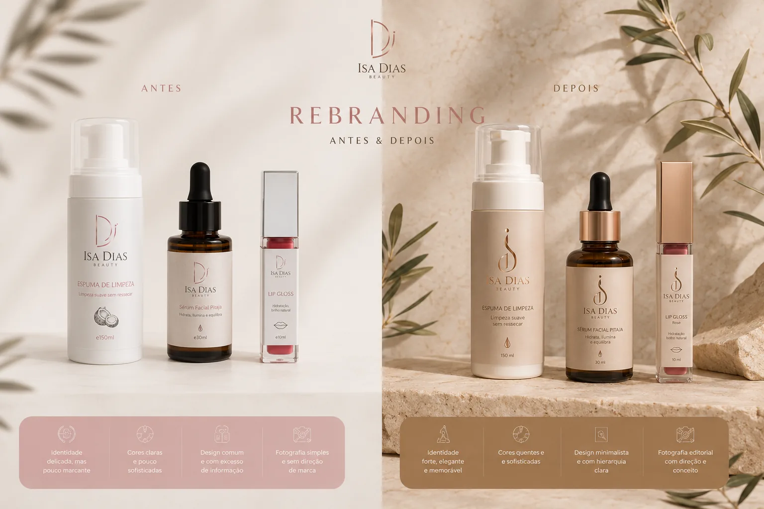 Logótipo Isa Dias Beauty em variações, monograma em gota dourada
