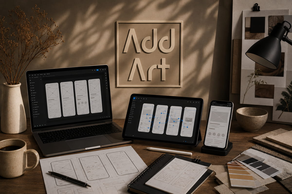 Wireframes e protótipo de interface num tablet